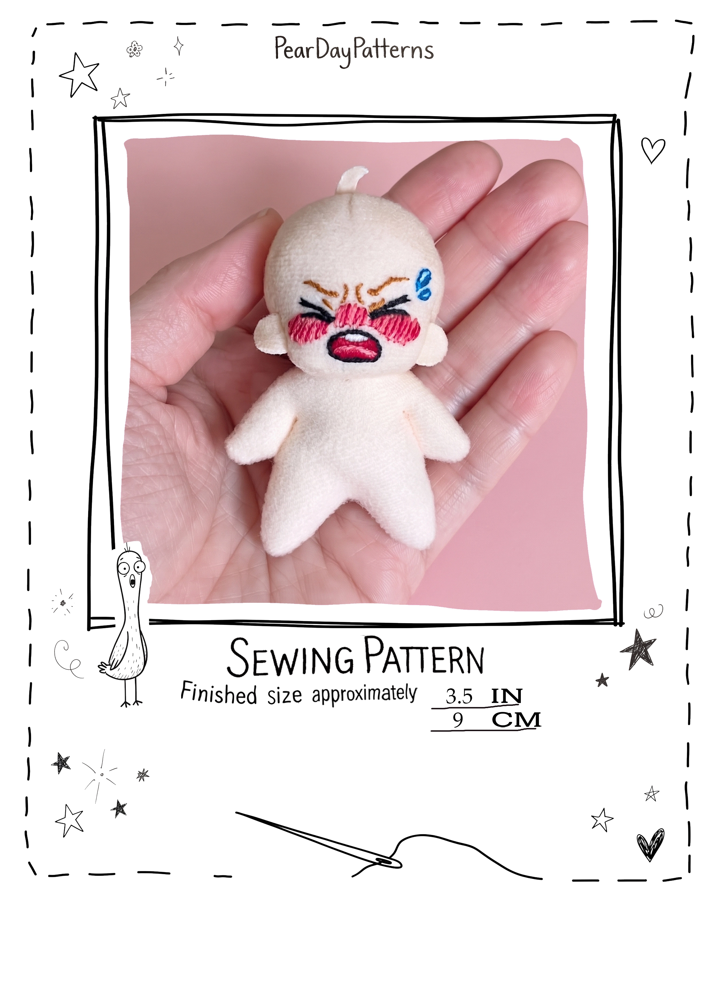 Finished 9 cm plush baby doll with an embroidered crying face — free baby doll sewing pattern