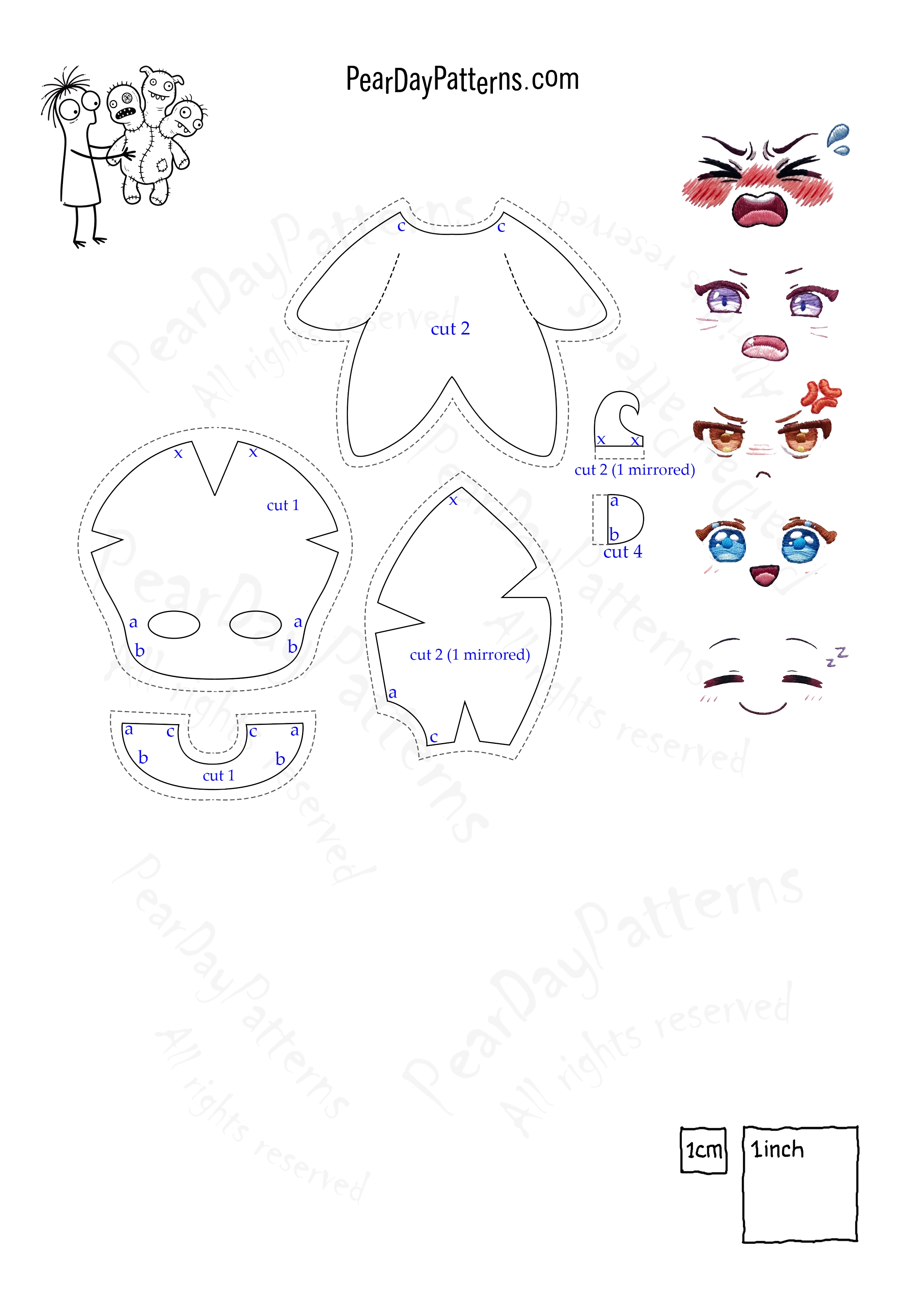 Printable baby doll pattern pieces, five face embroidery designs and 1 cm and 1 inch scale checks