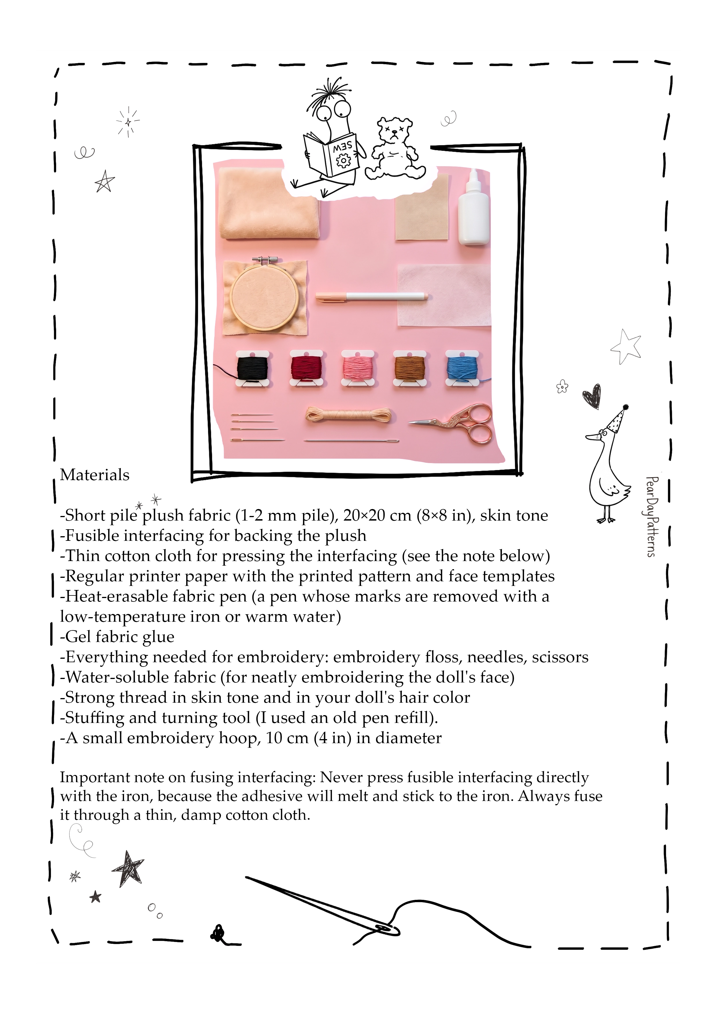 Materials and tools for sewing the miniature plush baby doll