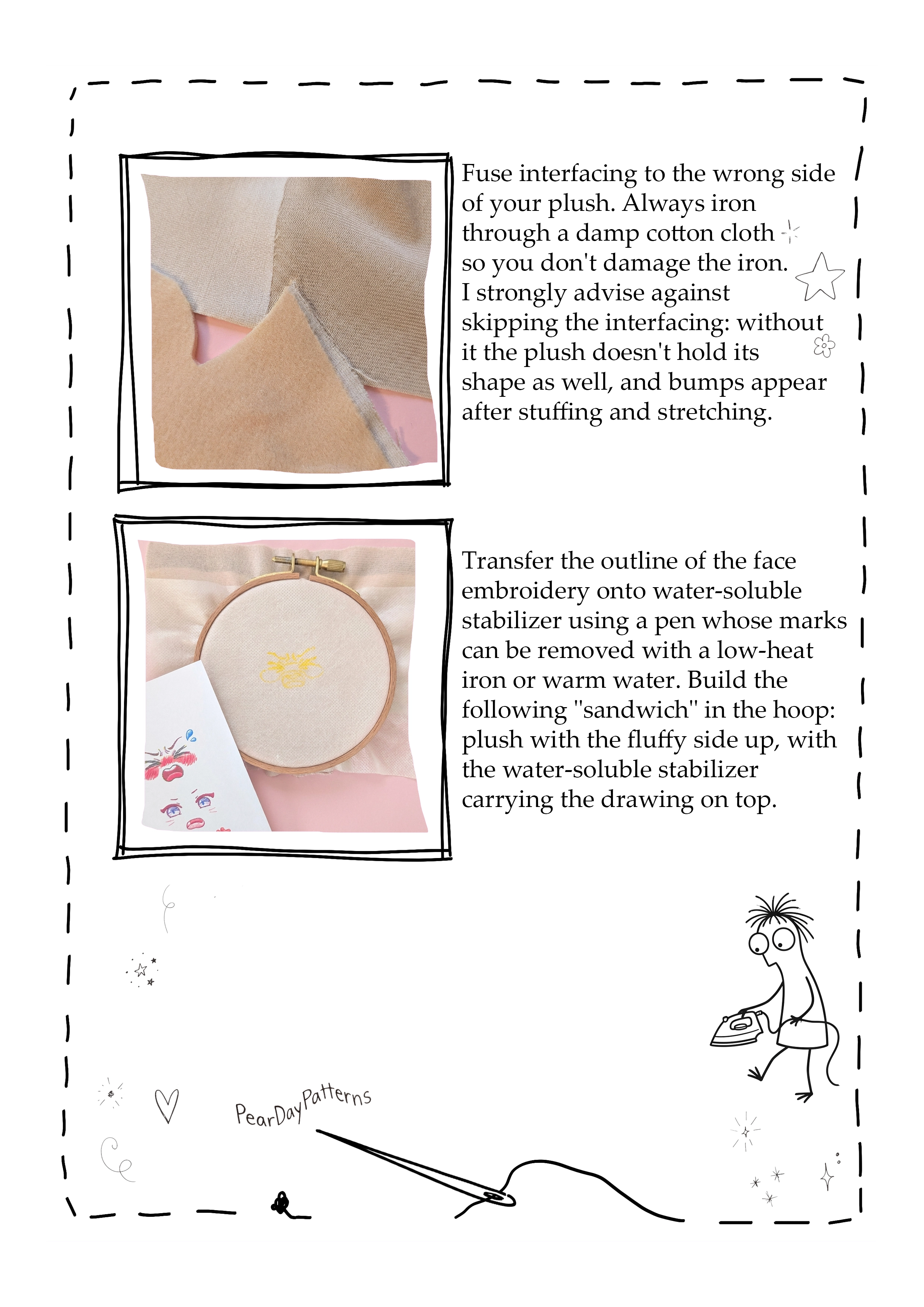 Backing plush with fusible interfacing and transferring the doll face to embroidery stabilizer