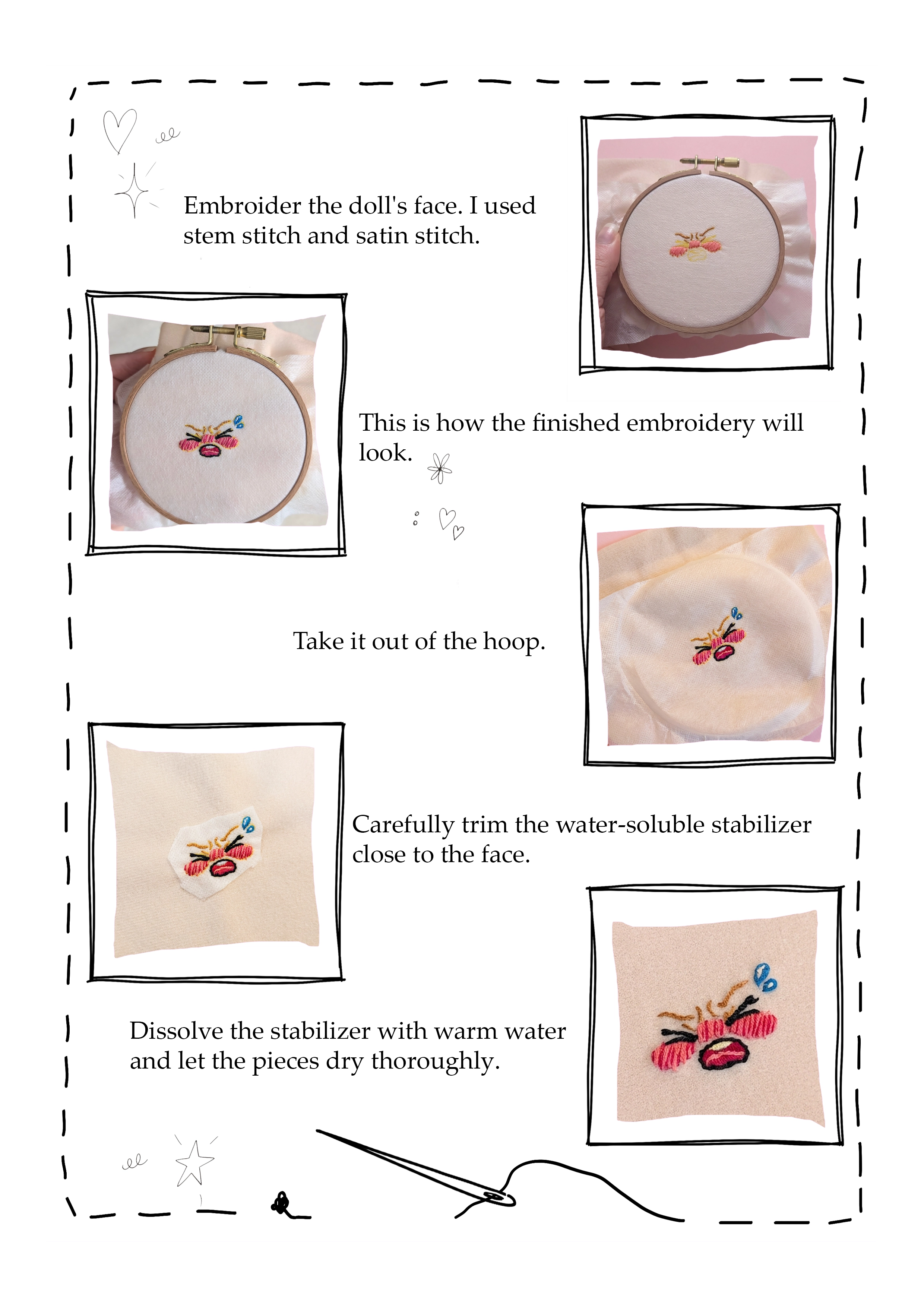 Embroidering the baby doll face and removing water-soluble stabilizer
