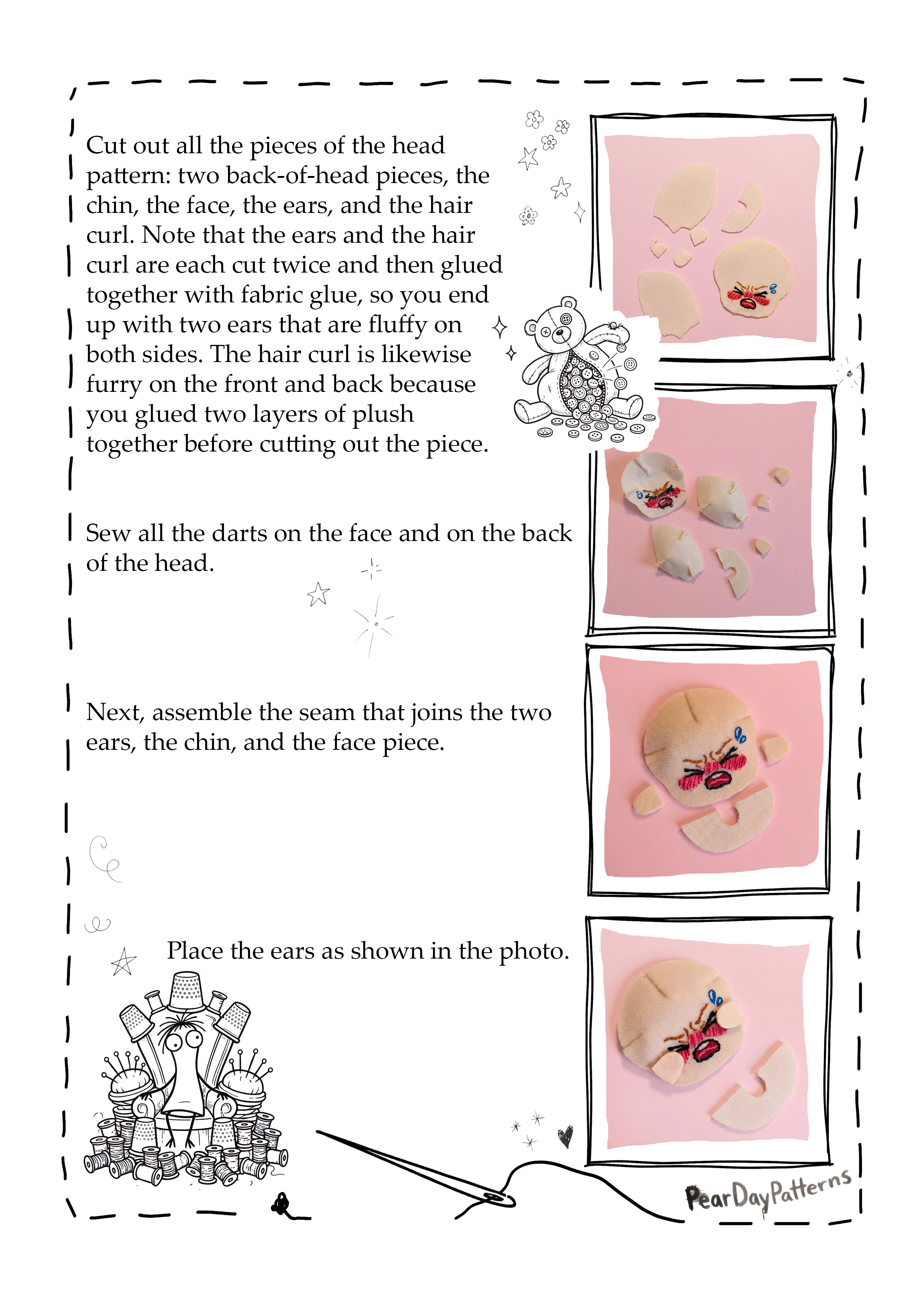 Cutting the doll head, ears and hair curl, sewing darts and preparing head assembly