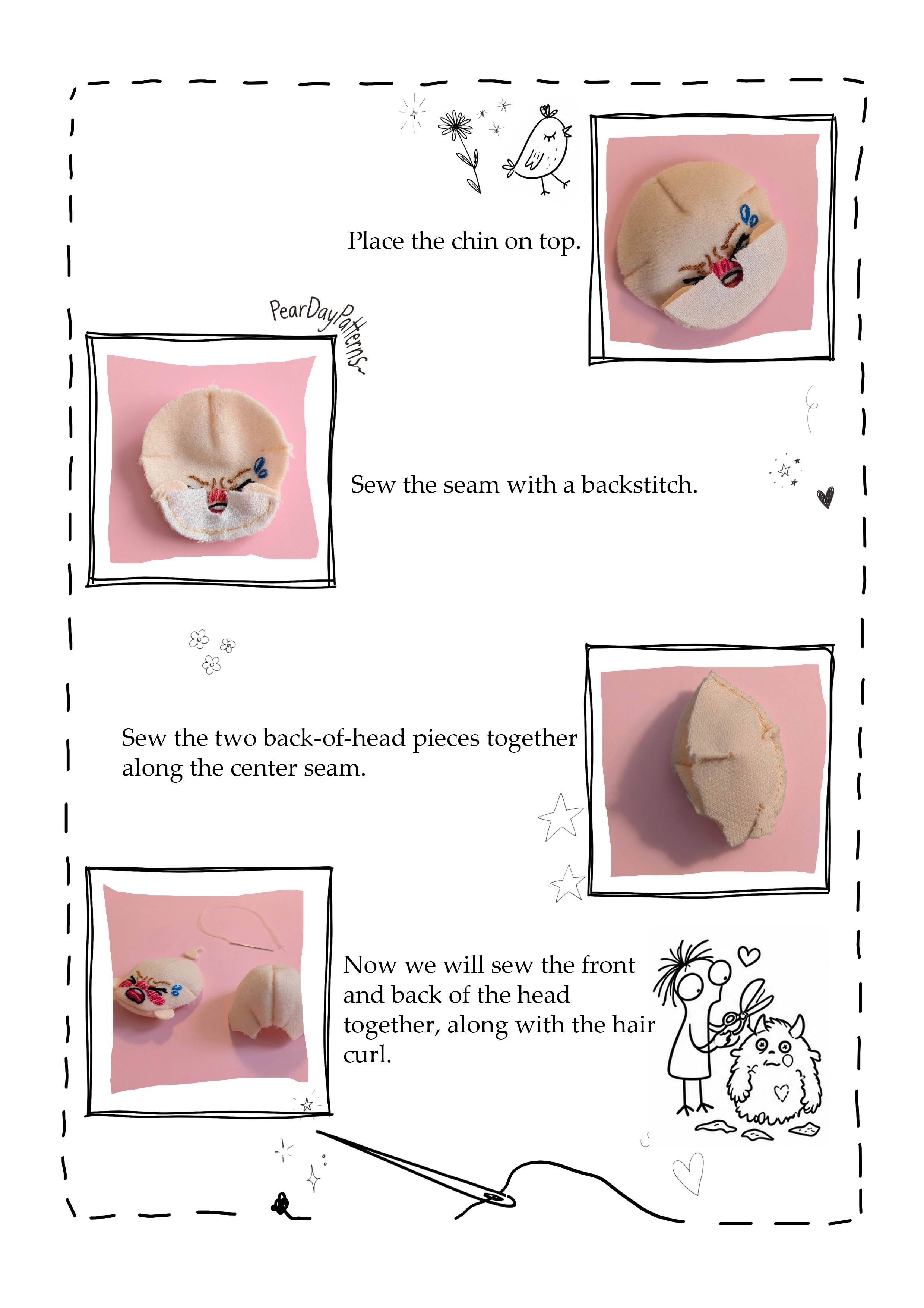 Sewing the doll chin, ears and back of the head with backstitch