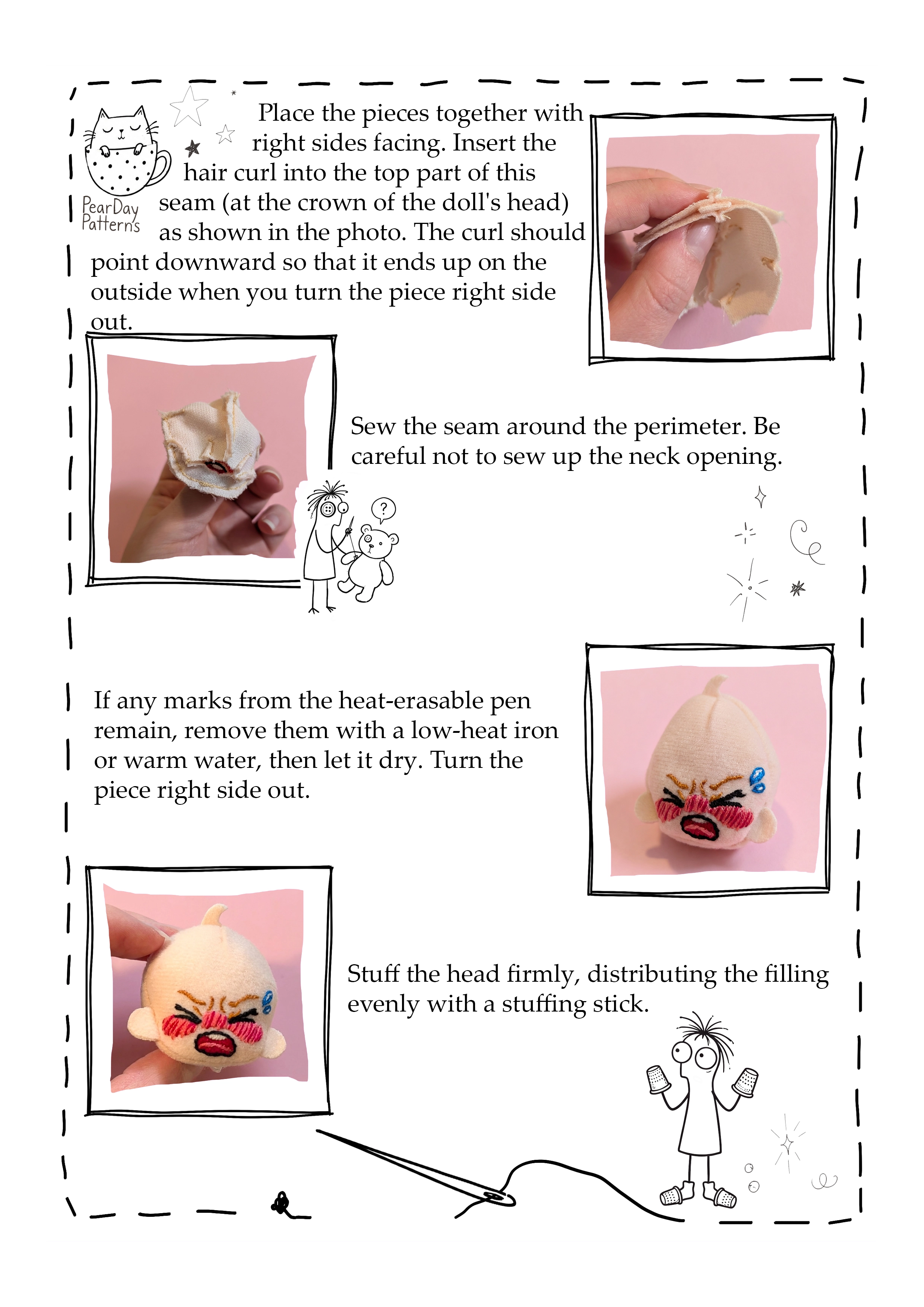 Attaching the hair curl, turning the doll head and adding stuffing