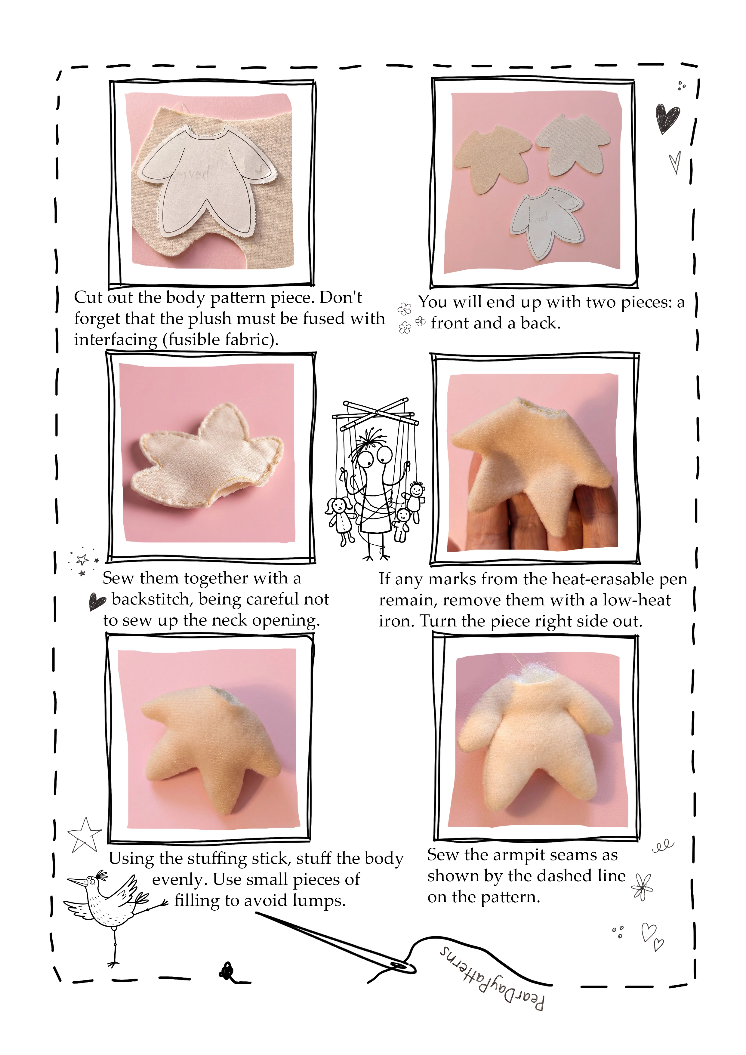 Cutting, sewing, turning and stuffing the plush baby doll body