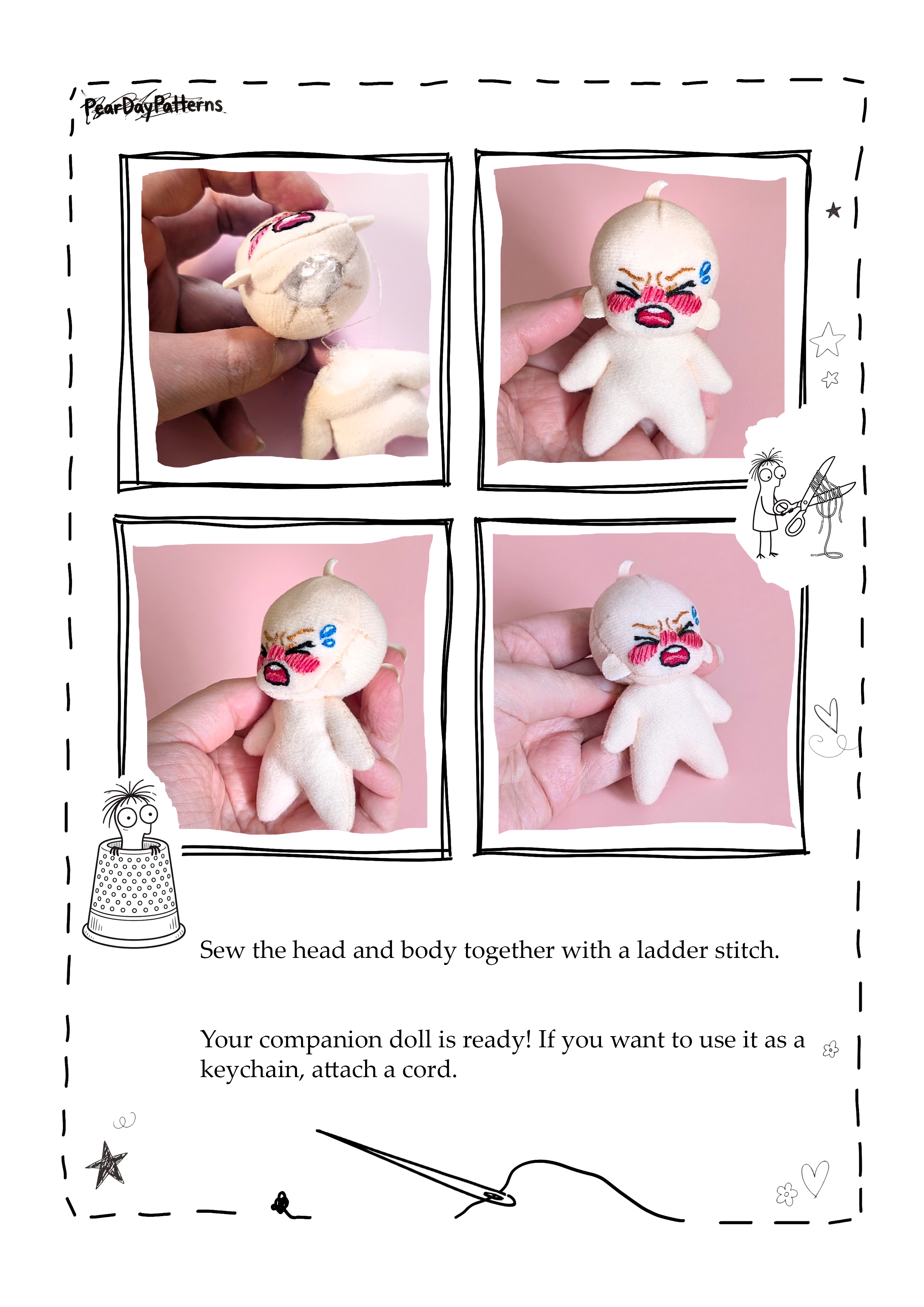Joining the doll head to the body with ladder stitch and finishing the baby doll