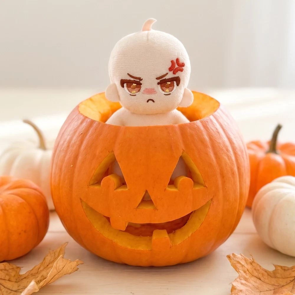 Mini plush baby doll with embroidered angry face sitting inside a carved Halloween pumpkin
