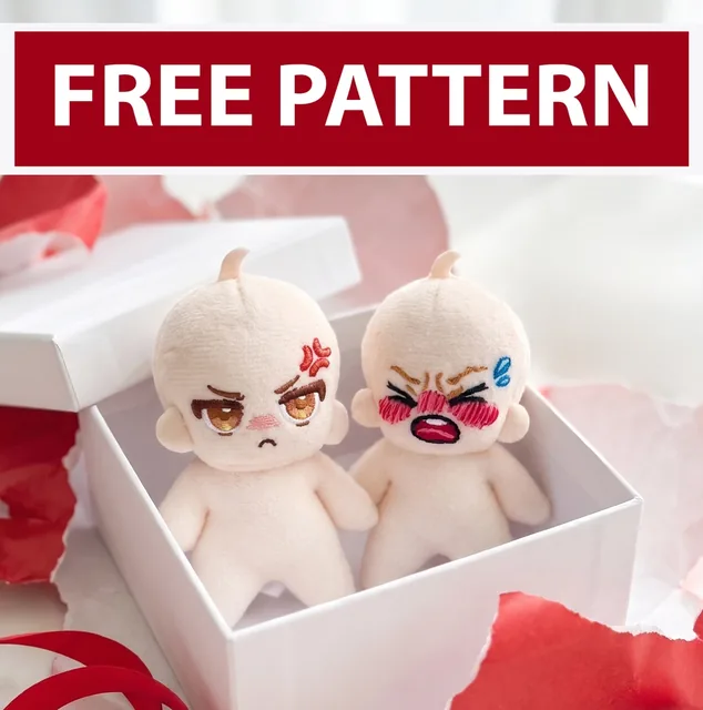 Two mini plush baby dolls with embroidered faces in a gift box beneath a Free Pattern banner