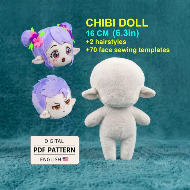 Chibi doll digital PDF sewing pattern cover with two hairstyles and 70 face embroidery templates