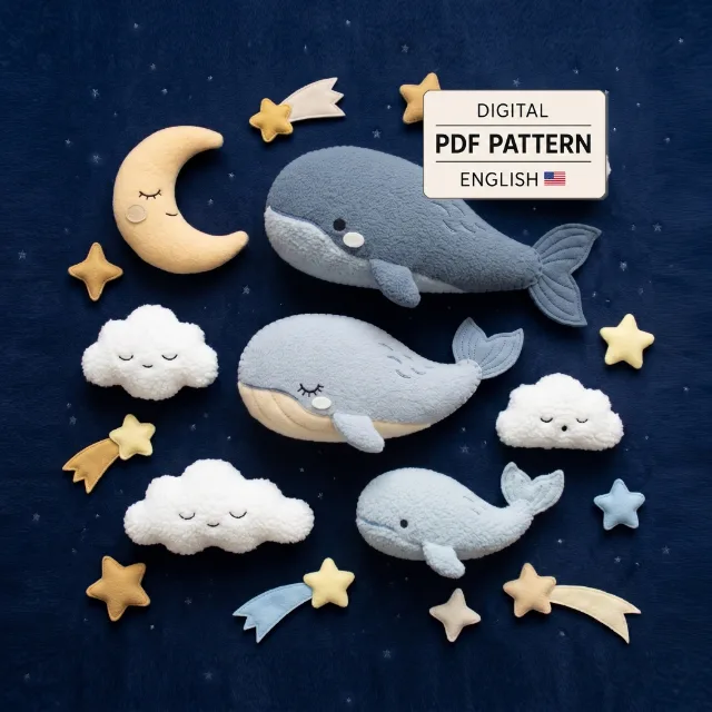 Whales in the Clouds PDF sewing pattern cover with whale family, moon, clouds, stars, and shooting stars