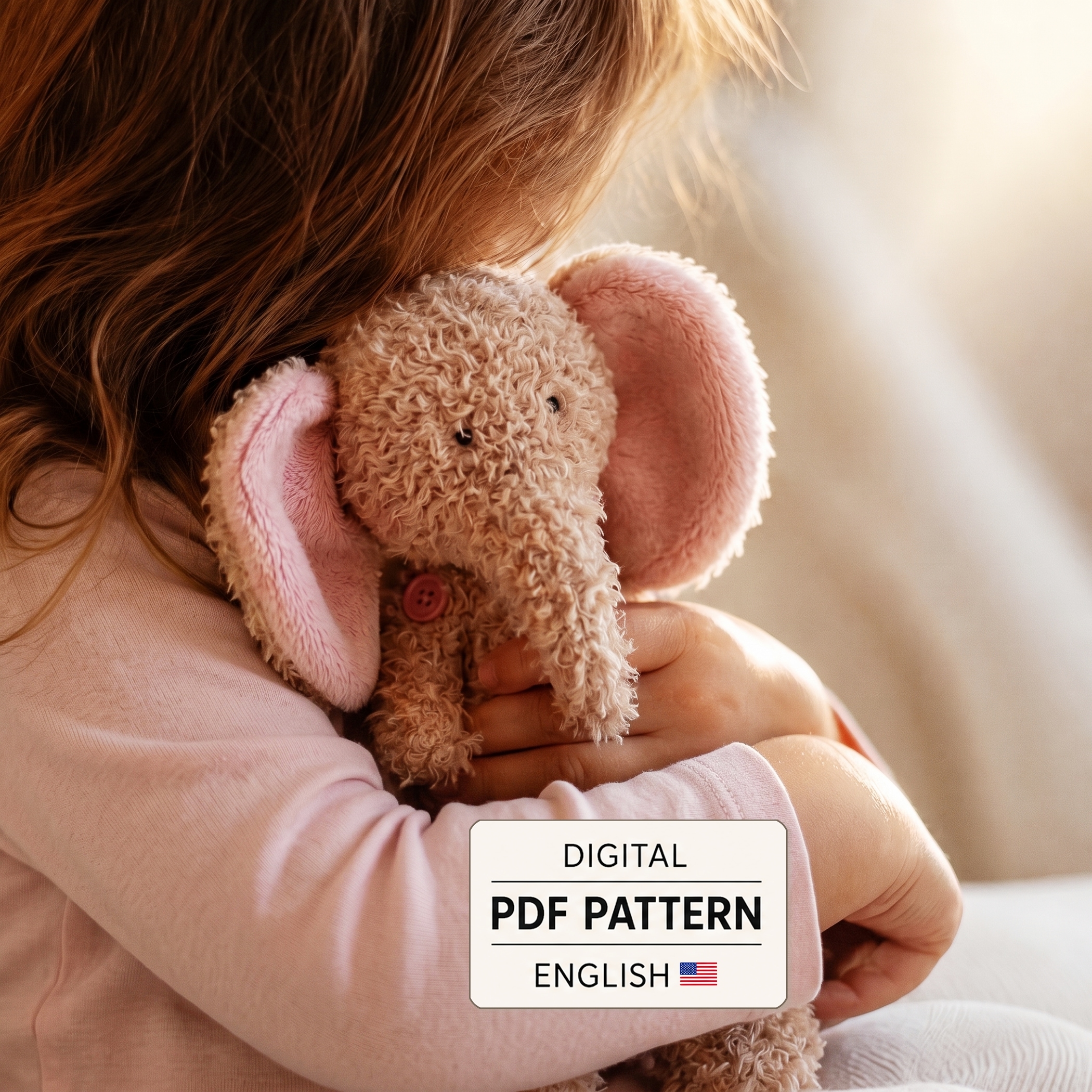 Elephant plush sewing pattern cover showing a child cuddling the handmade elephant with Digital PDF Pattern label