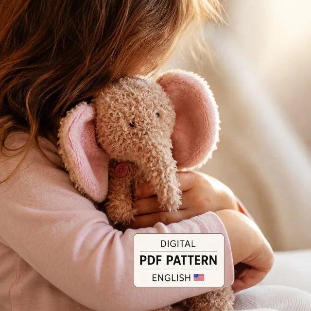 Elephant plush sewing pattern cover showing a child cuddling the handmade elephant with Digital PDF Pattern label