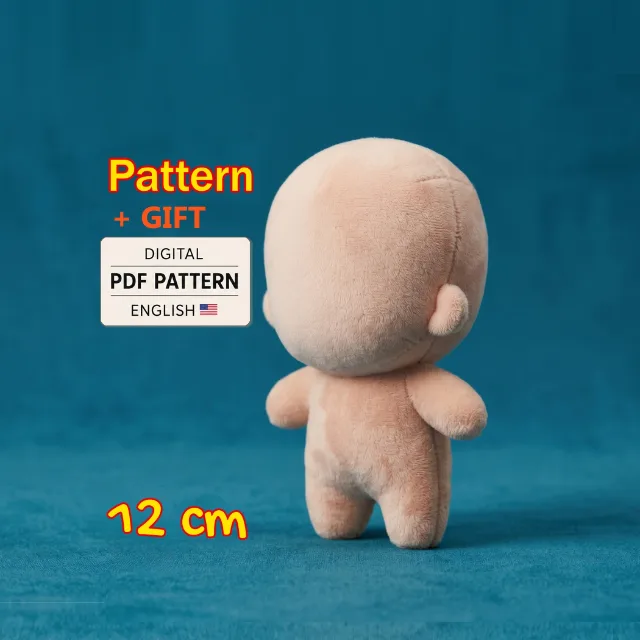 12 cm chibi doll sewing pattern cover showing the finished doll and Digital PDF Pattern English label