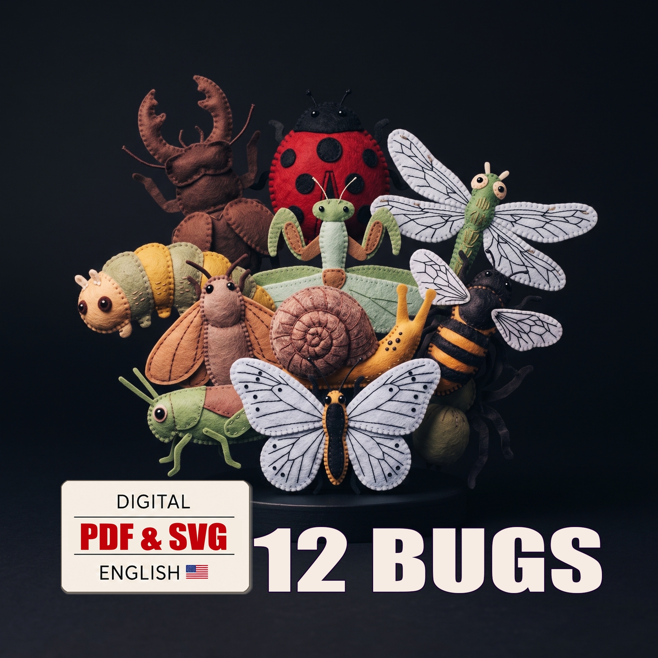 Twelve handmade felt bug designs on a dark cover labeled Digital PDF and SVG patterns