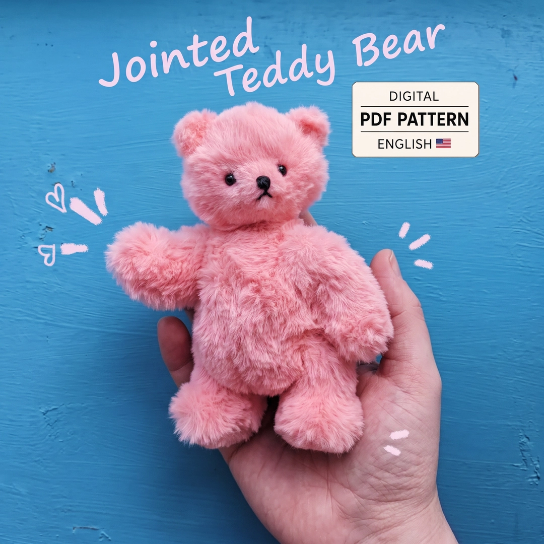 Mini pink jointed teddy bear sewing pattern cover showing the handmade movable bear with Digital PDF Pattern label