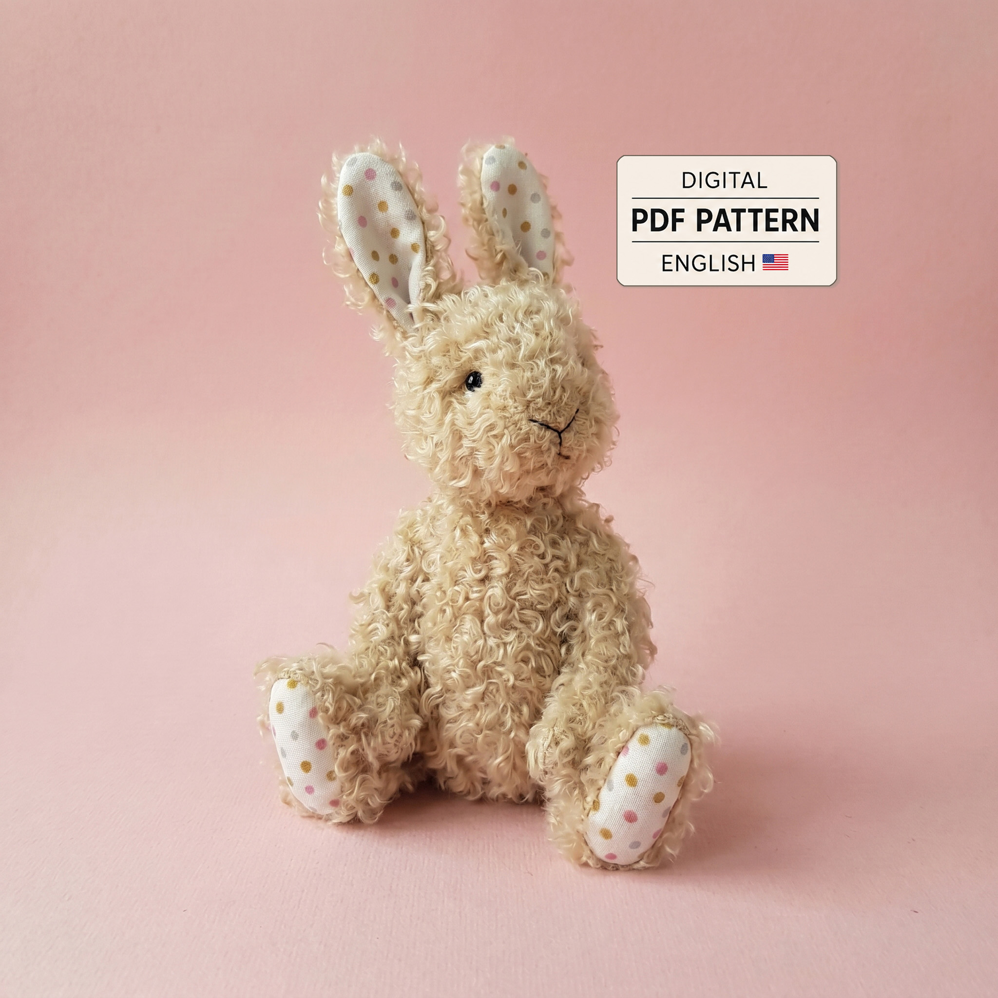 Cover for the stuffed bunny PDF sewing pattern with a curly plush rabbit and digital pattern label