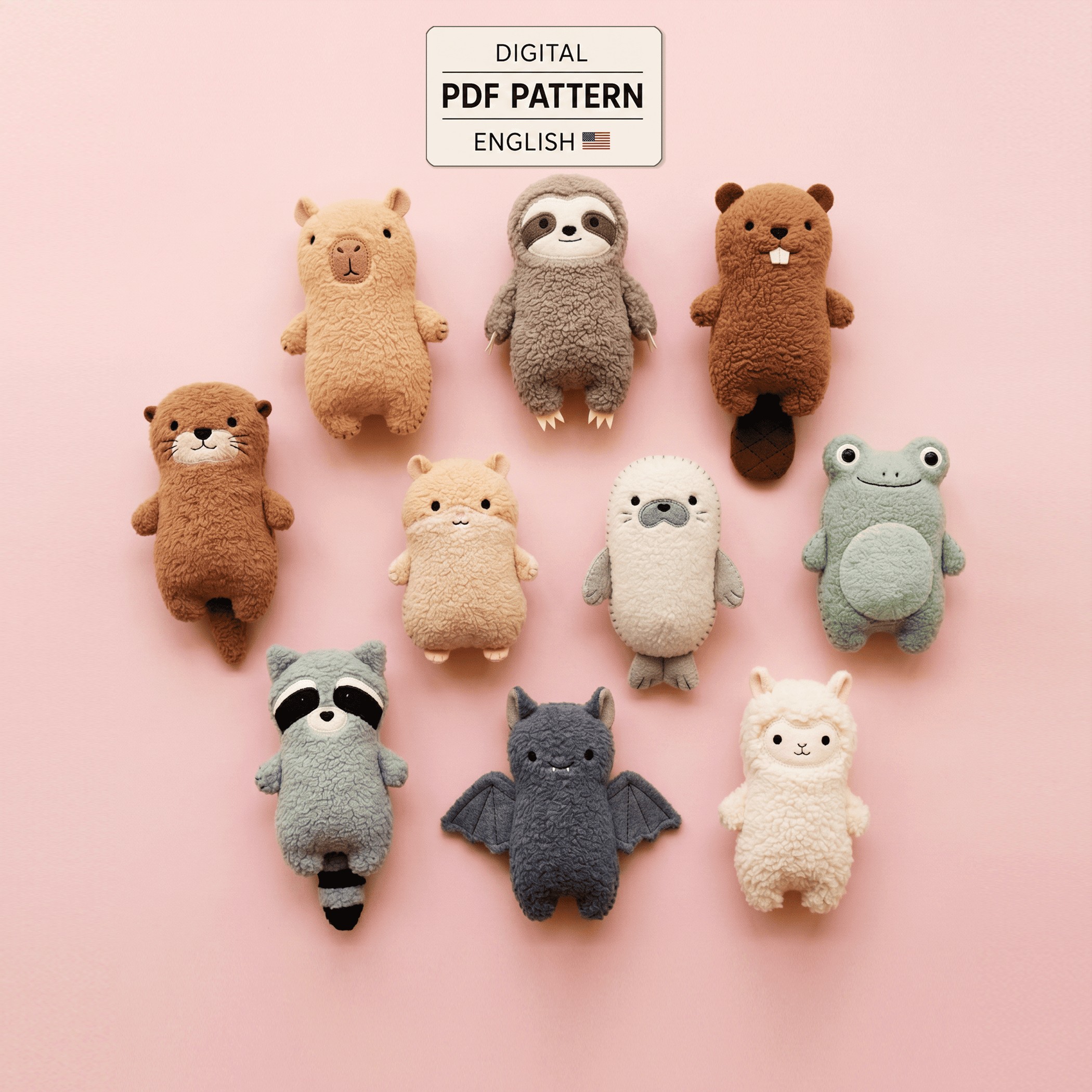 Cover for 10 mini plush animal PDF sewing patterns with a finished woodland toy collection