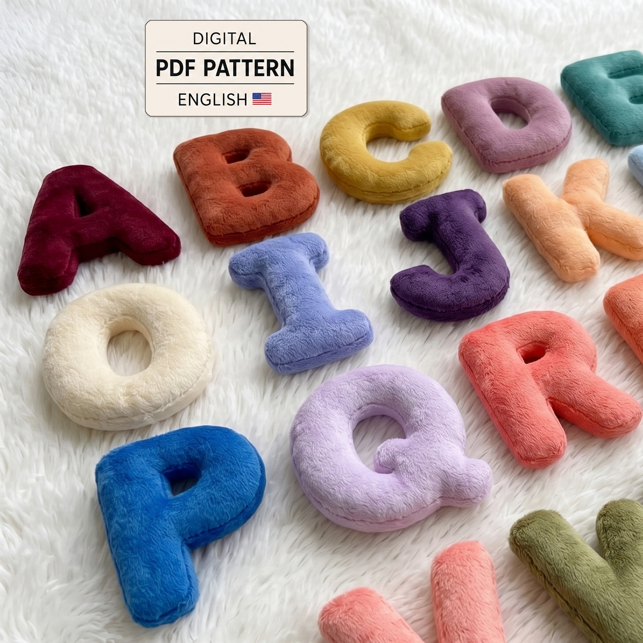 Colorful plush alphabet letters with a digital PDF sewing pattern and English instruction label