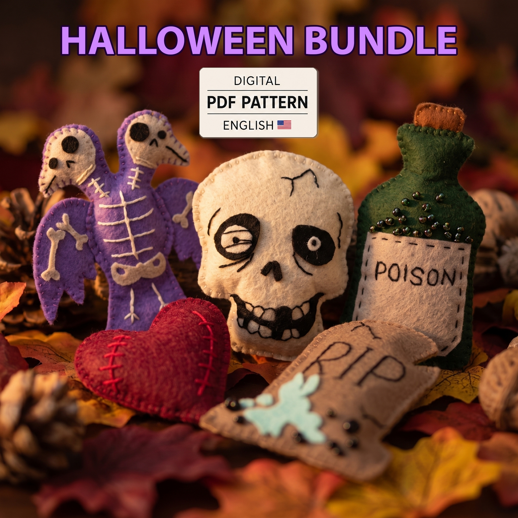 Halloween felt ornament PDF pattern bundle with skeleton bird, skull, heart, poison bottle, and RIP gravestone