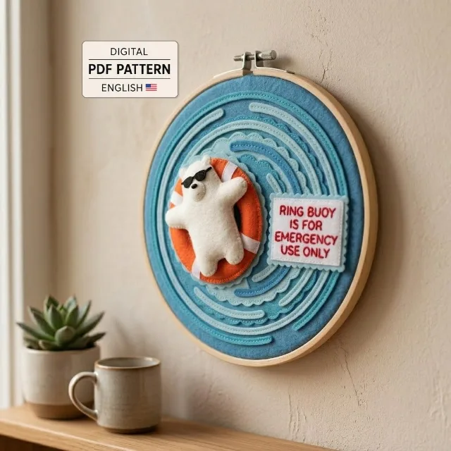 Floating bear felt wall hanging displayed in a wooden hoop with a digital PDF pattern label