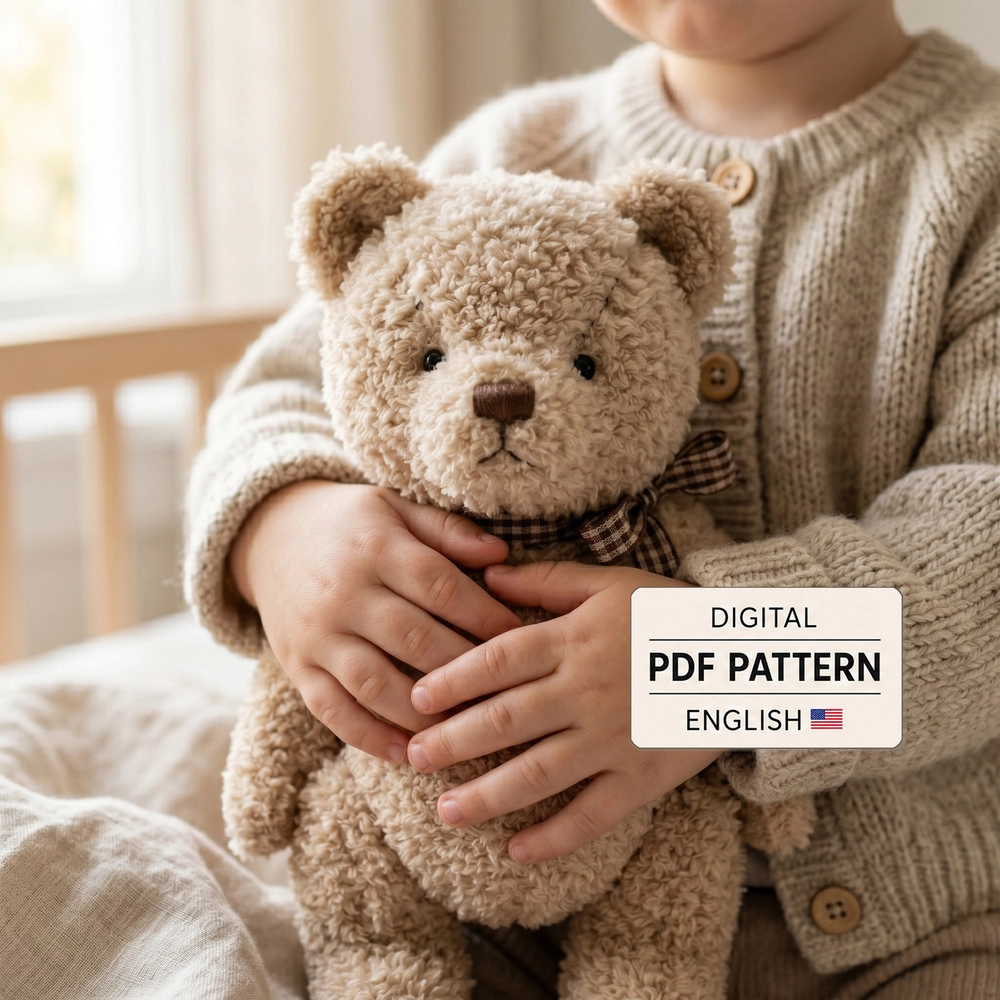 Jointed teddy bear sewing pattern cover showing a child holding the handmade bear with Digital PDF Pattern label