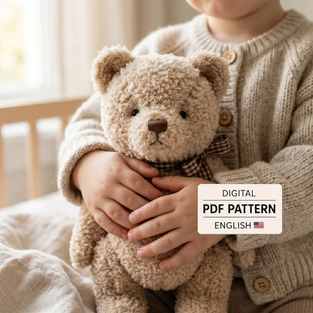 Jointed teddy bear sewing pattern cover showing a child holding the handmade bear with Digital PDF Pattern label