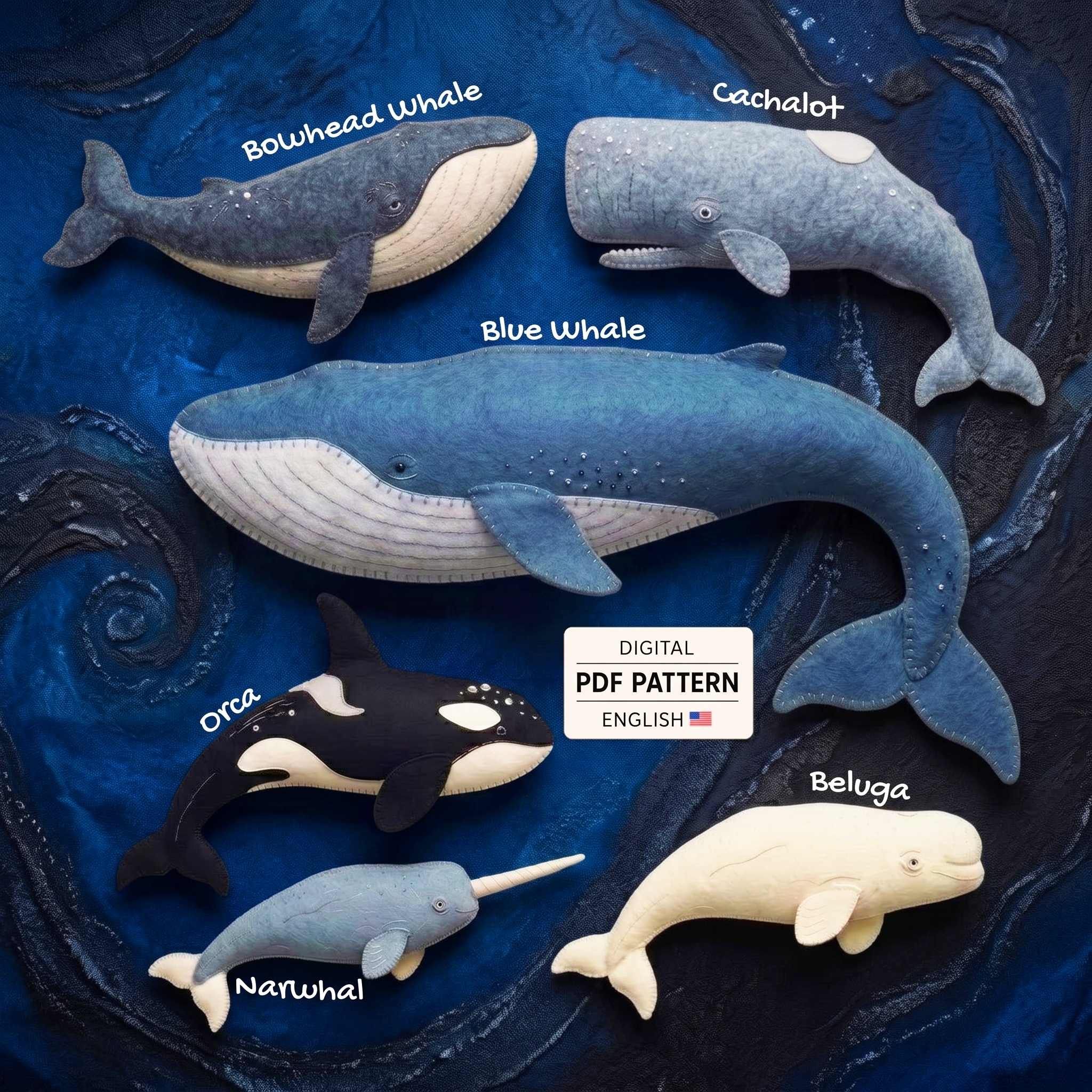 Six felt whales including blue whale, bowhead, cachalot, orca, beluga, and narwhal with a digital PDF pattern label
