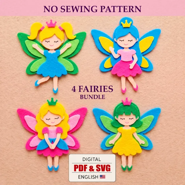 Product cover showing four colorful fairy crafts and the included digital PDF and SVG file formats.