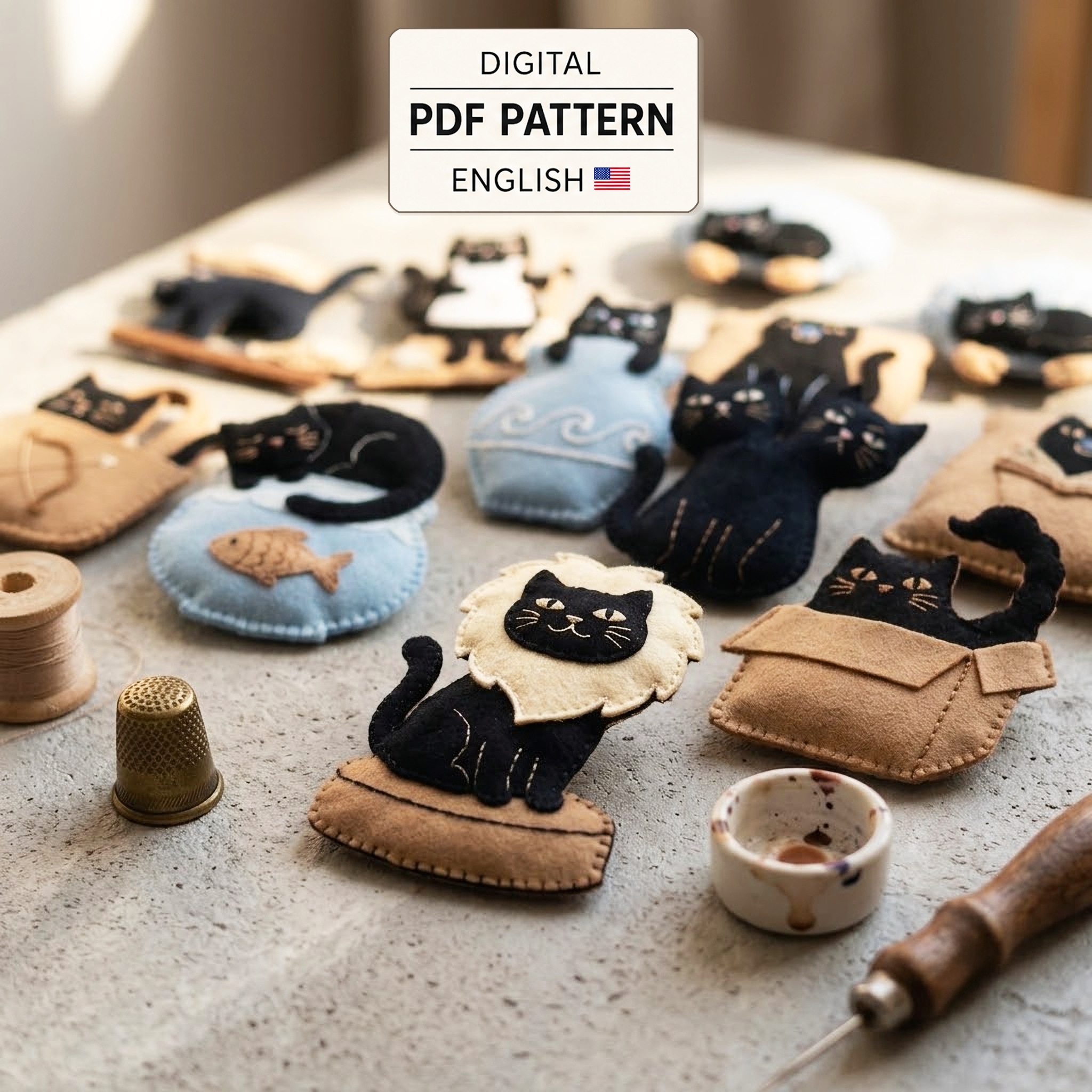 Zodiac cat felt sewing pattern cover with twelve handmade designs and Digital PDF Pattern English label