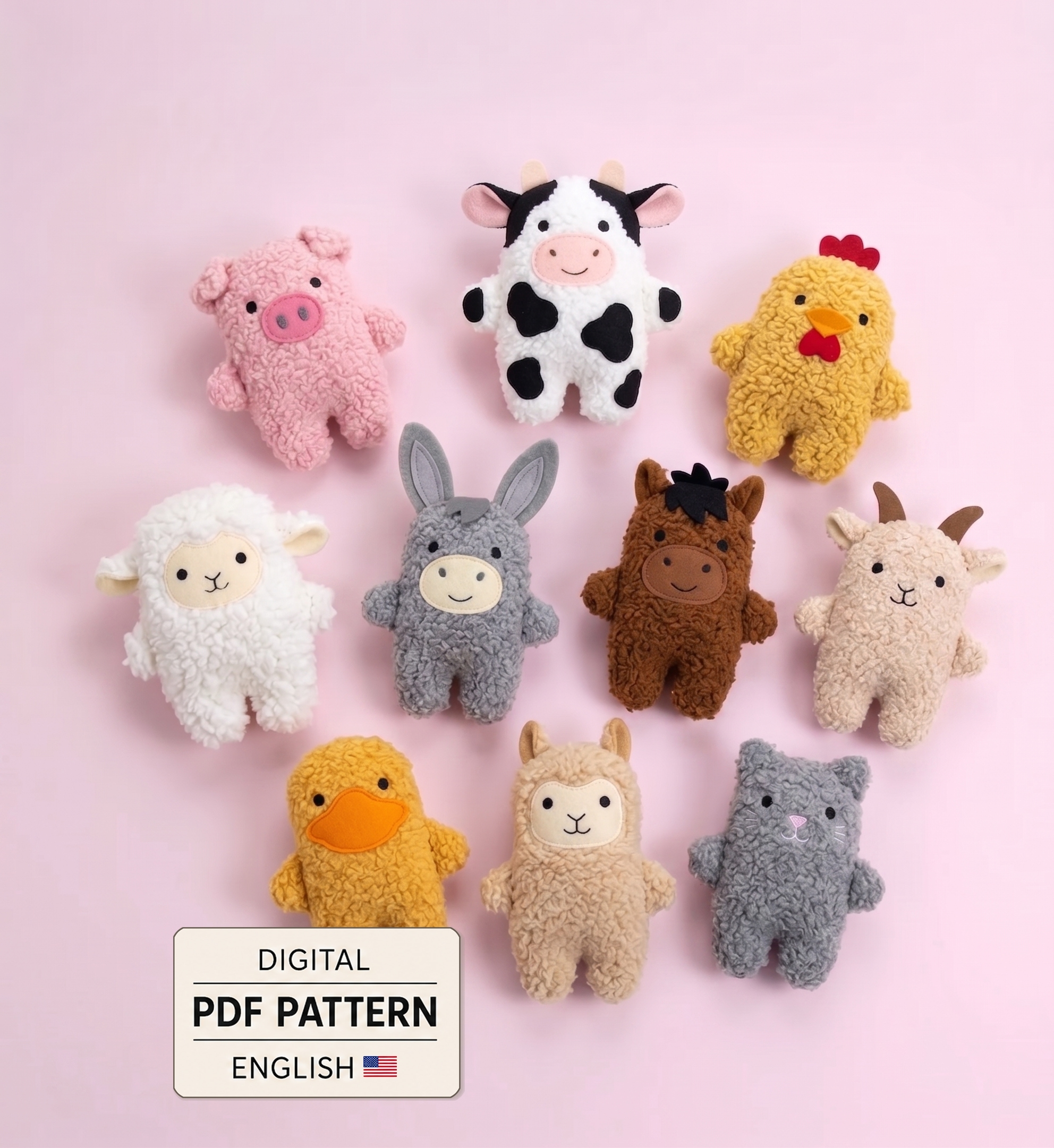 Ten colorful farm animal plushies with a digital PDF sewing pattern and English instruction label