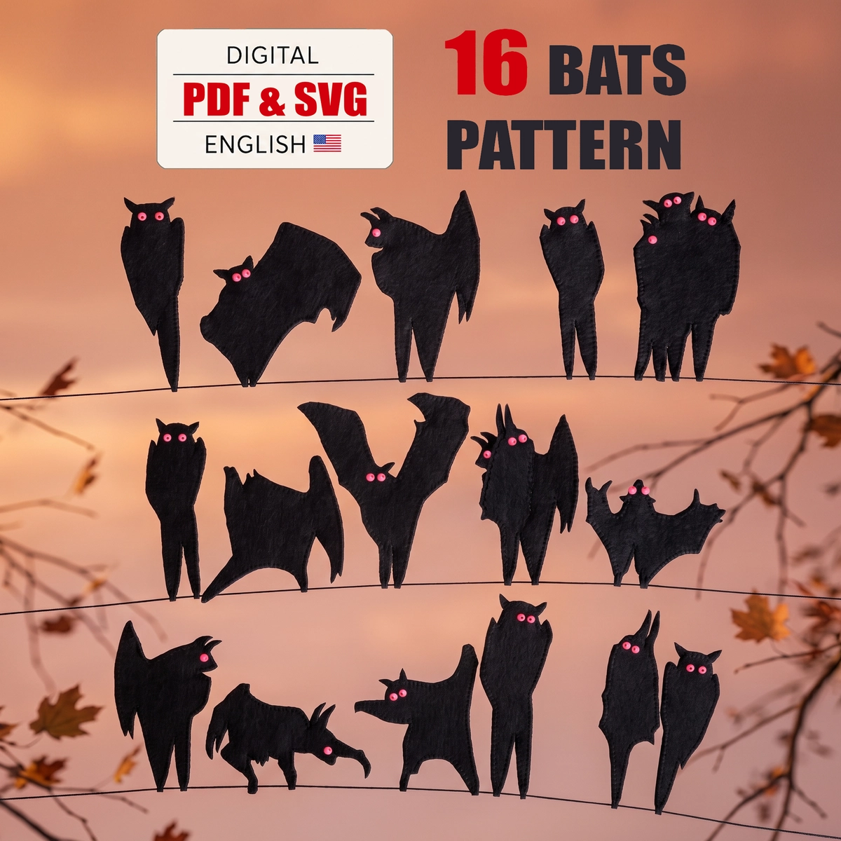Sixteen black felt bat designs with pink bead eyes shown on a sunset background with Digital PDF and SVG pattern label