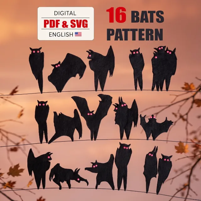 Sixteen black felt bat designs with pink bead eyes shown on a sunset background with Digital PDF and SVG pattern label