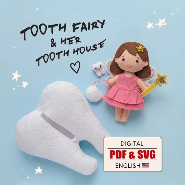 Tooth Fairy felt sewing pattern cover with fairy doll, tooth house, wand, pouch and tiny tooth, including PDF and SVG files