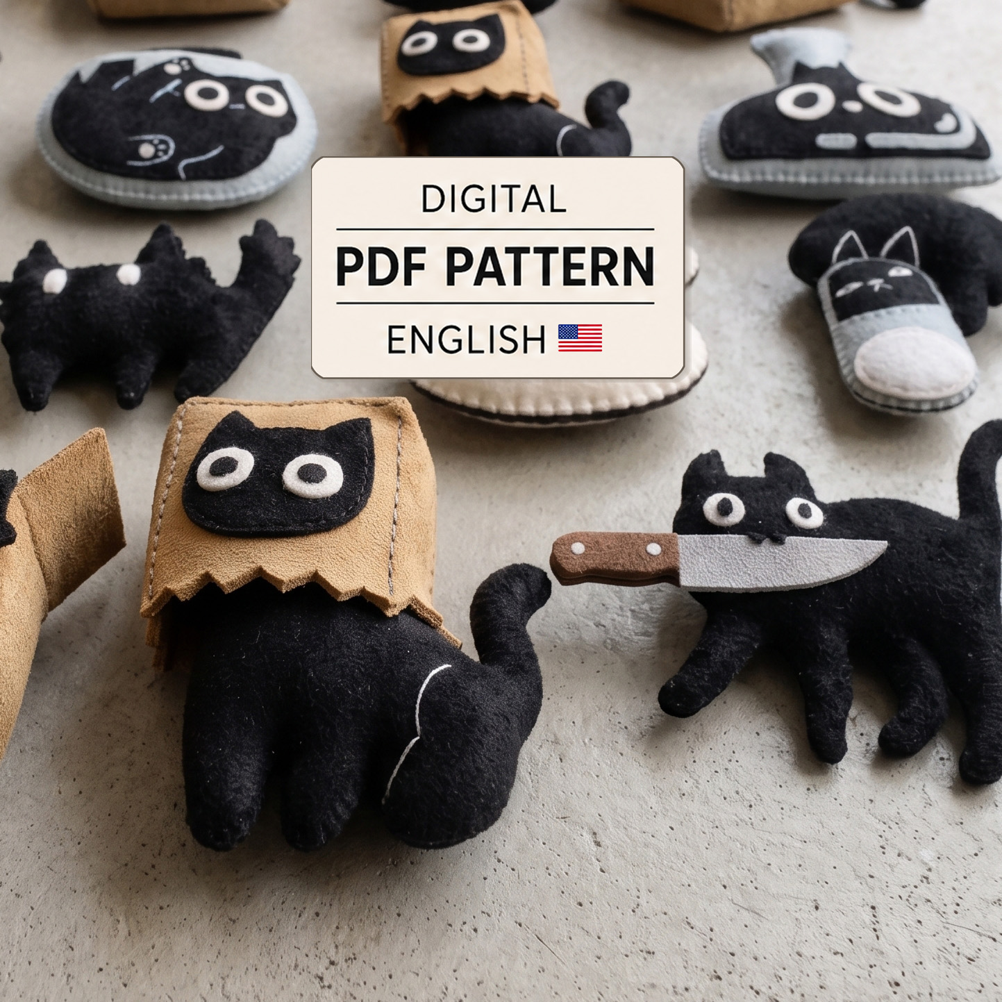 Black cat felt sewing pattern bundle cover with quirky handmade cat designs and Digital PDF Pattern label