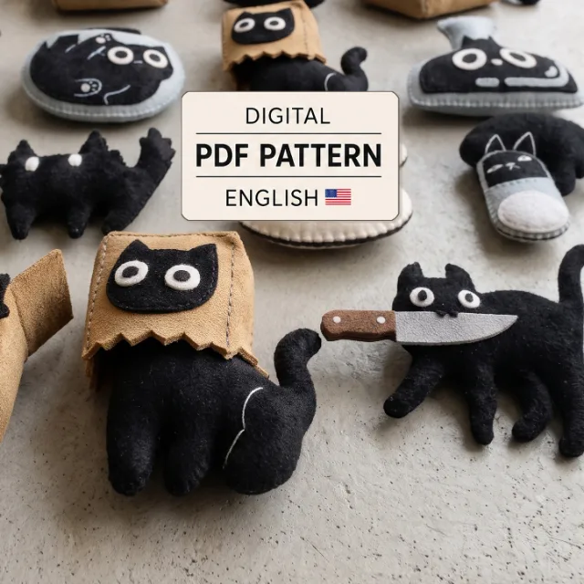 Black cat felt sewing pattern bundle cover with quirky handmade cat designs and Digital PDF Pattern label