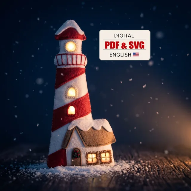 Light-up red and white felt lighthouse in snow with digital PDF and SVG pattern label