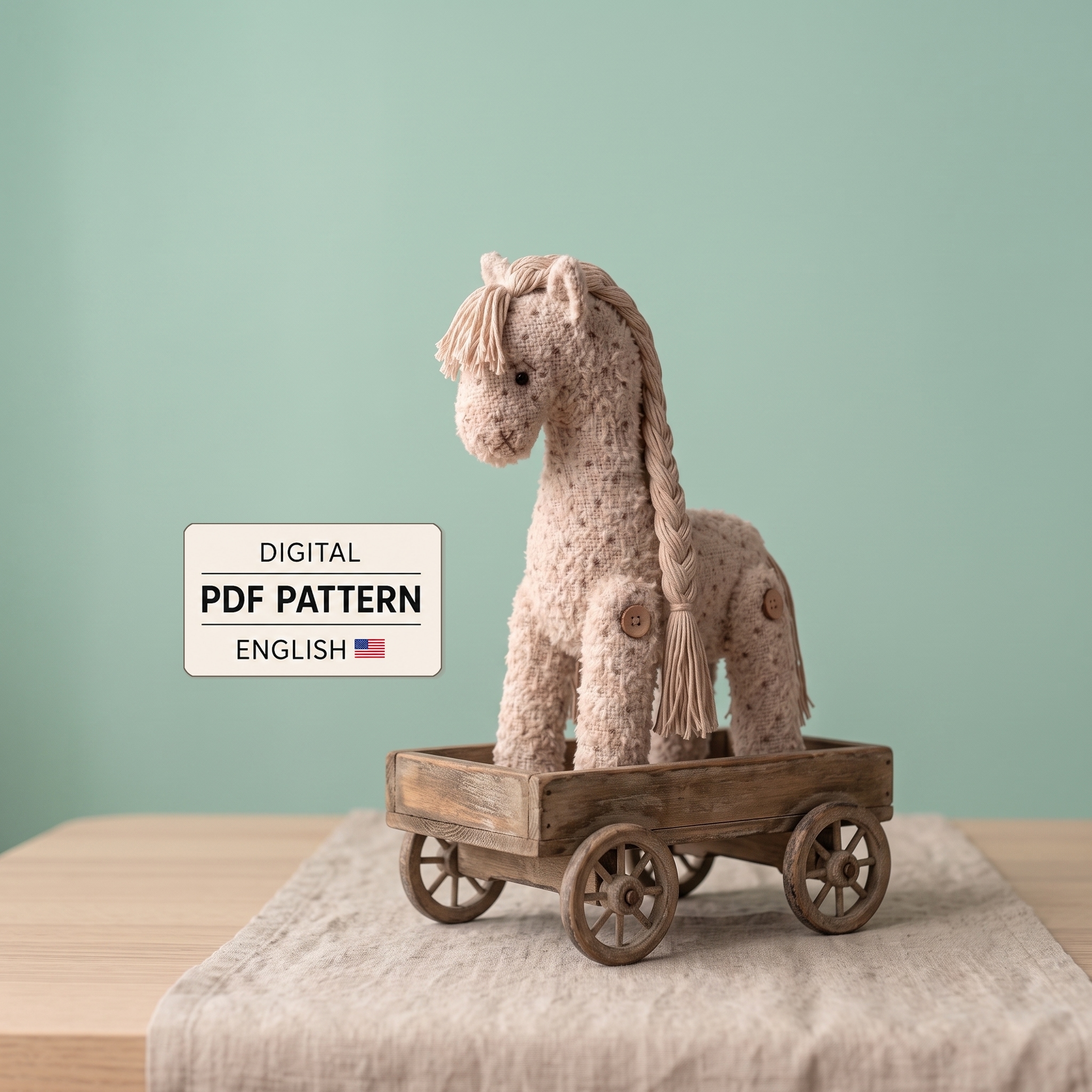 Fabric horse in a wooden cart with a digital PDF sewing pattern and English instruction label