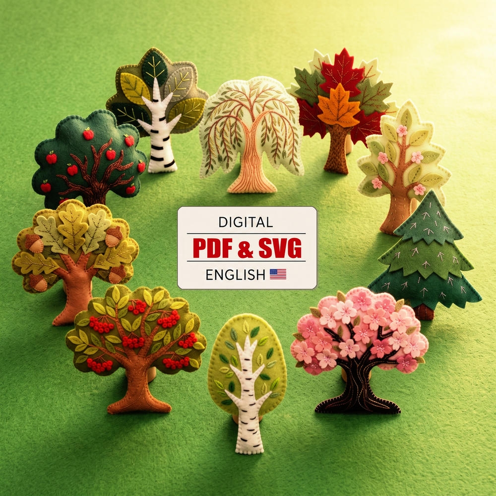 Ten handmade felt tree designs displayed with Digital PDF and SVG English pattern label