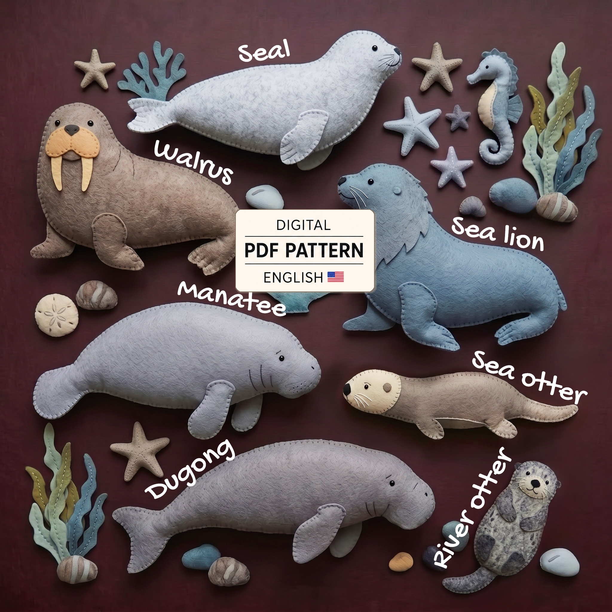 Eight felt sea animals with ocean accessories and a digital PDF pattern label