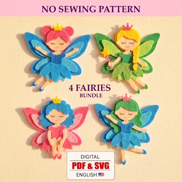 Product cover featuring four crowned fairy figures with layered wings and a digital PDF and SVG label.