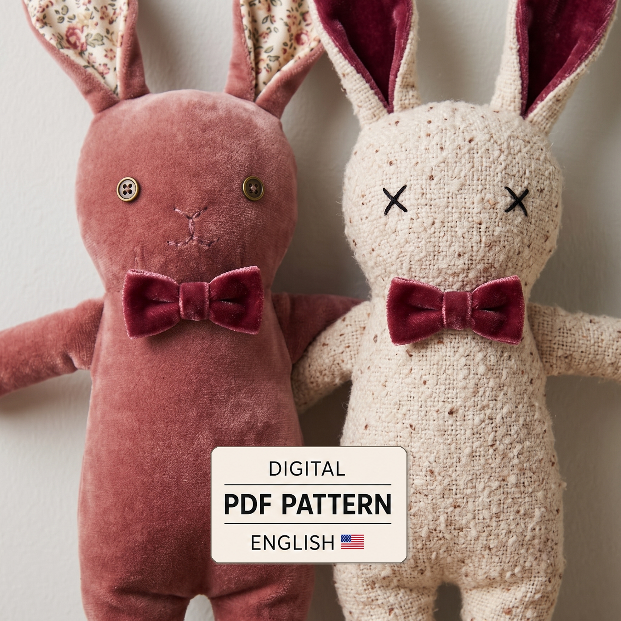 Primitive rabbit plush toys in pink velvet and textured cream fabric with a digital PDF pattern label