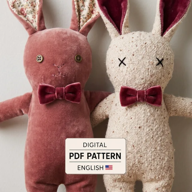 Primitive rabbit plush toys in pink velvet and textured cream fabric with a digital PDF pattern label