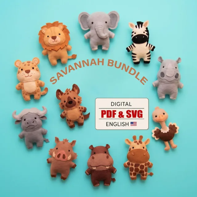 Eleven felt savannah animals displayed with a digital PDF sewing pattern and English instruction label