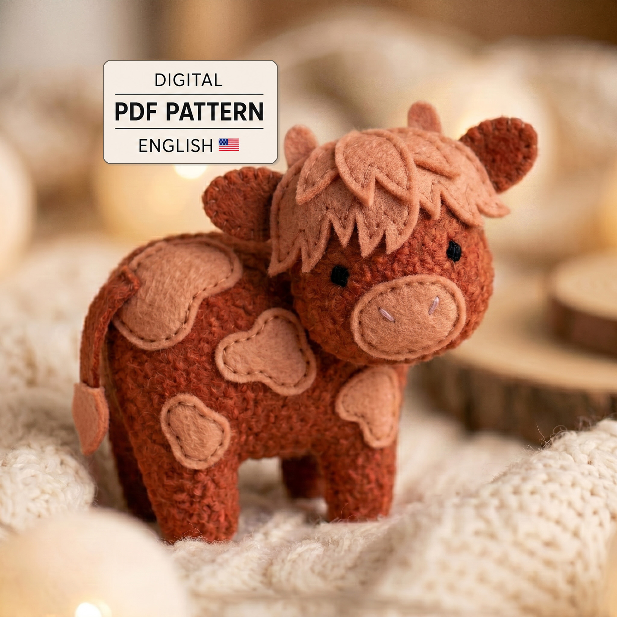 Cover for the Highland cow plush PDF sewing pattern with shaggy fringe and a digital pattern label